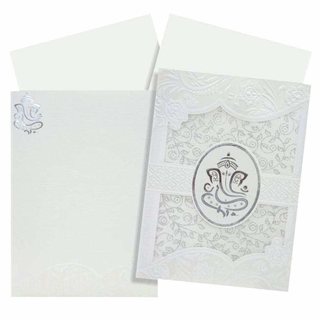 Lovely Silver Foiling Ganesha With White Wolly Material Wedding Card  - KNK30740