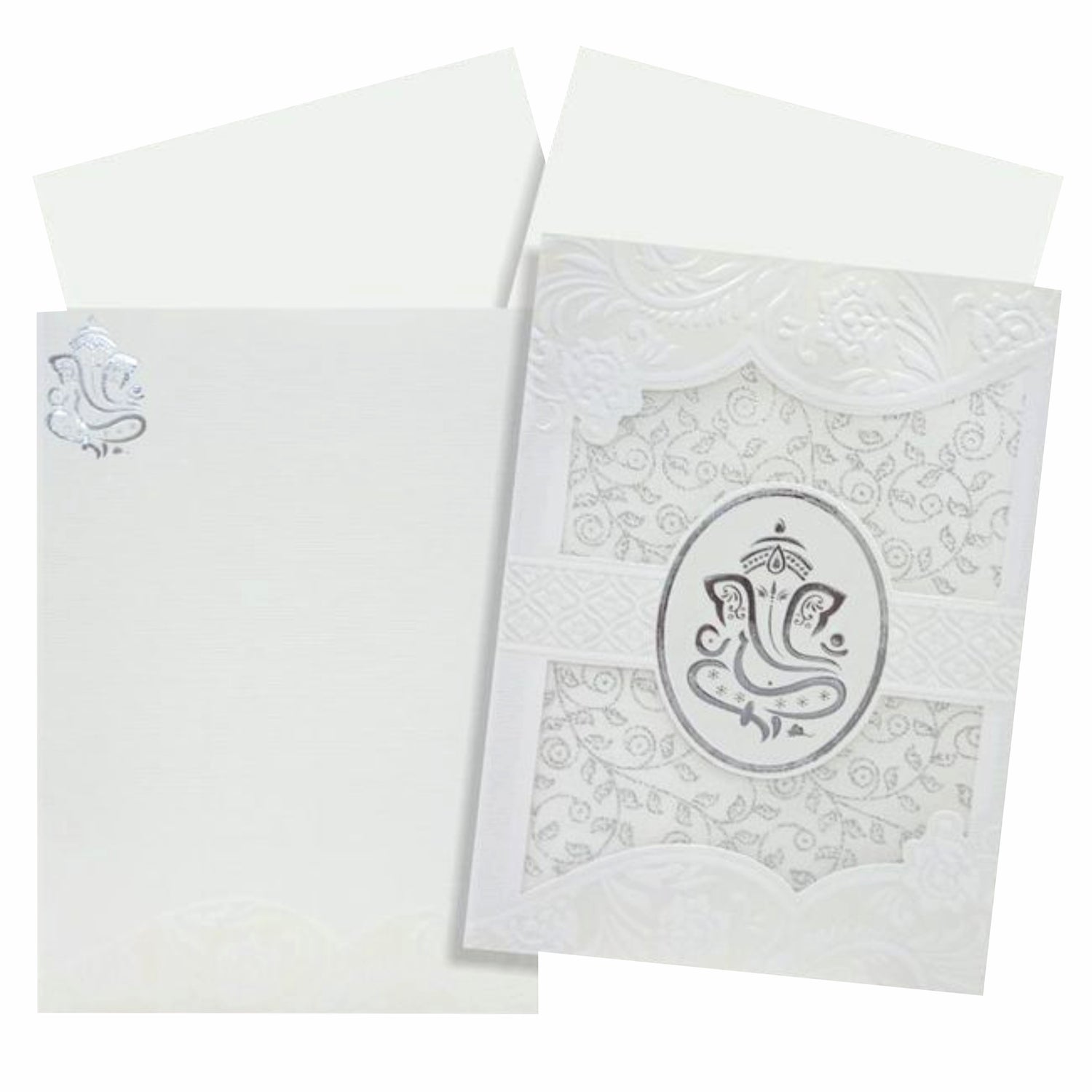 Lovely Silver Foiling Ganesha With White Wolly Material Wedding Card  - KNK30740