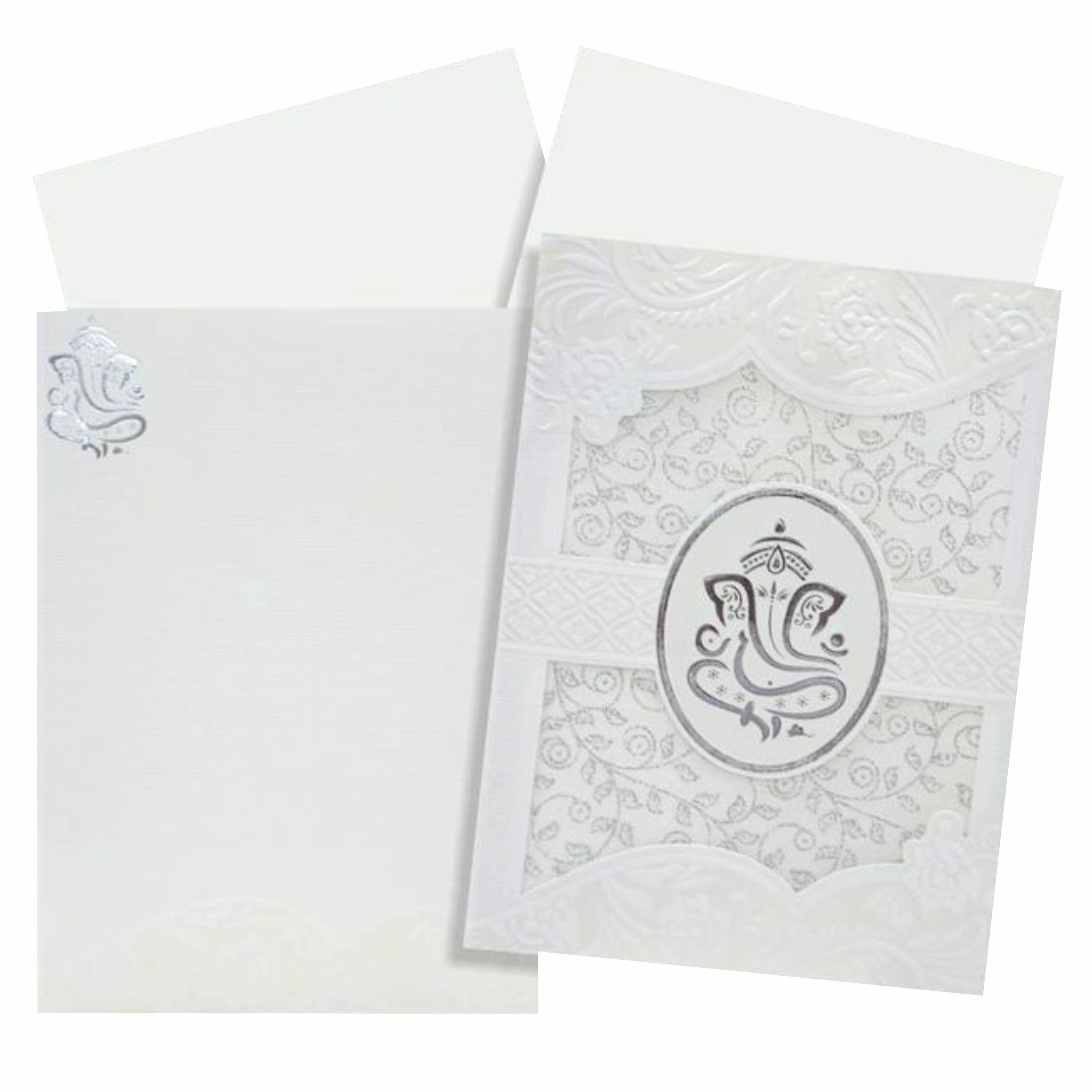 Lovely Silver Foiling Ganesha With White Wolly Material Wedding Card  - KNK30740