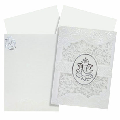 Lovely Silver Foiling Ganesha With White Wolly Material Wedding Card  - KNK30740