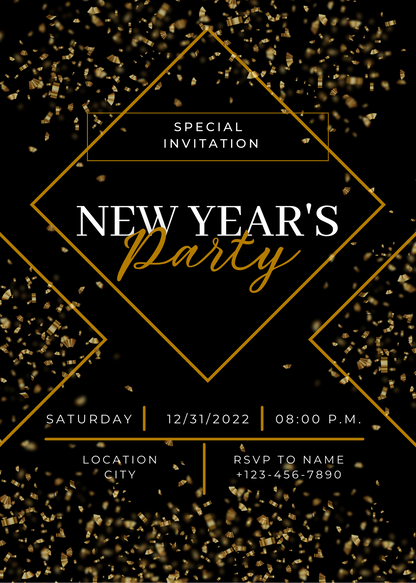 Black With Gold Party Poppers New Year Eve Invitation-AANYI002