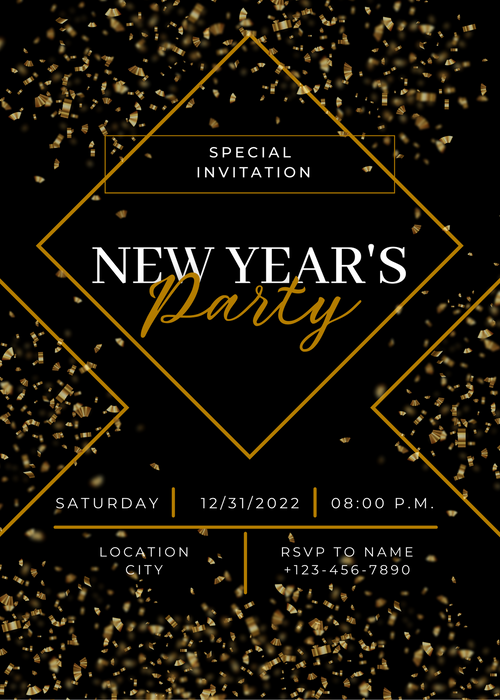 Black With Gold Party Poppers New Year Eve Invitation-AANYI002
