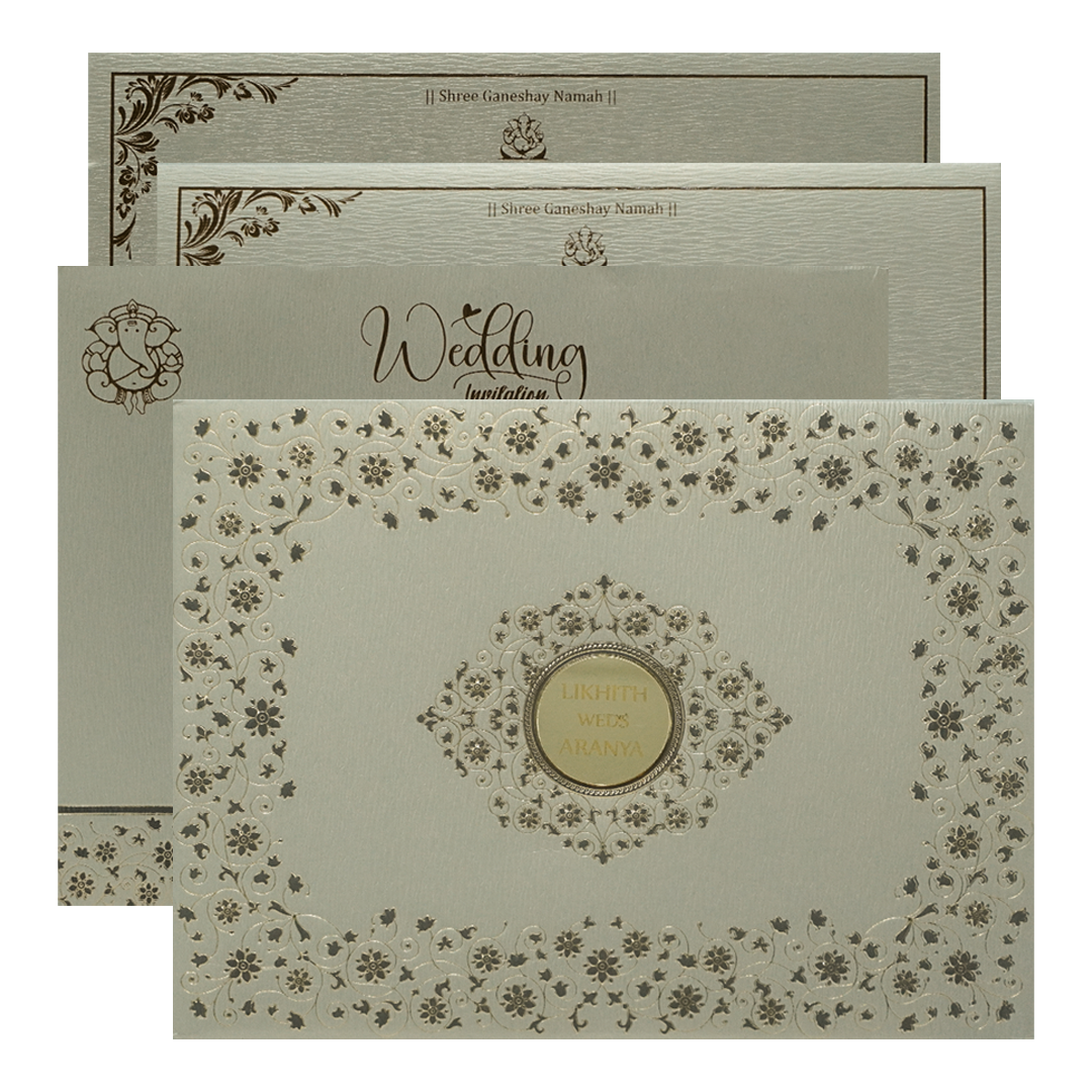 Check out Silver Floral Padded Wedding Card at best price. ✅WhatsApp Support ✅Express Delivery.|King of cards.