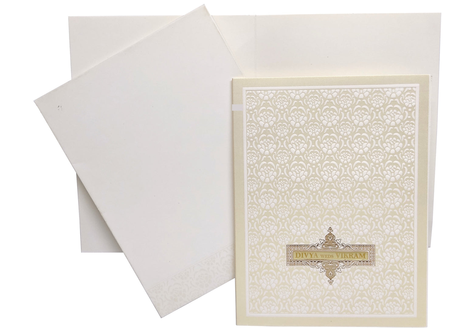 White Metallic Royal Embossed Floral Wedding Card-KNK3051W