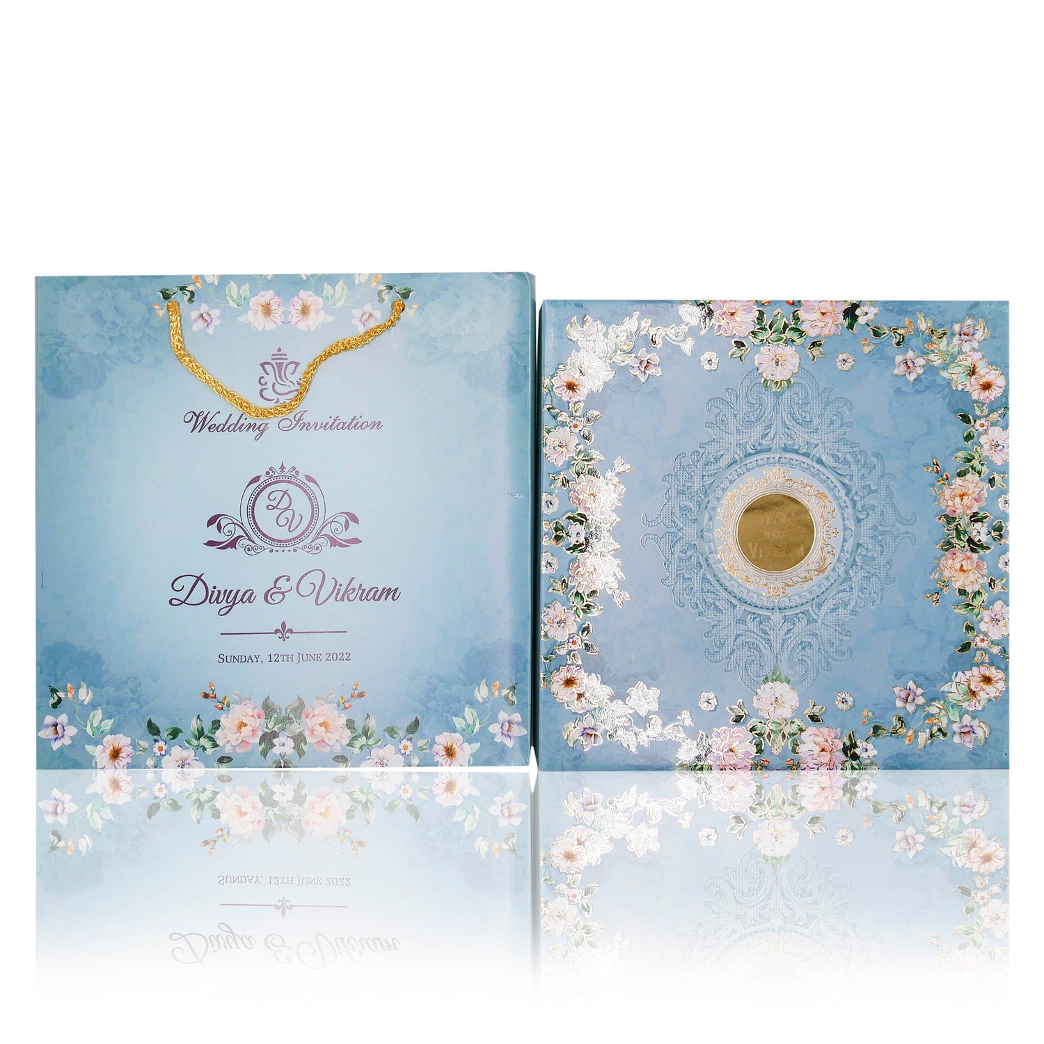 Blue floral sweet box invitation card-KNK8901B