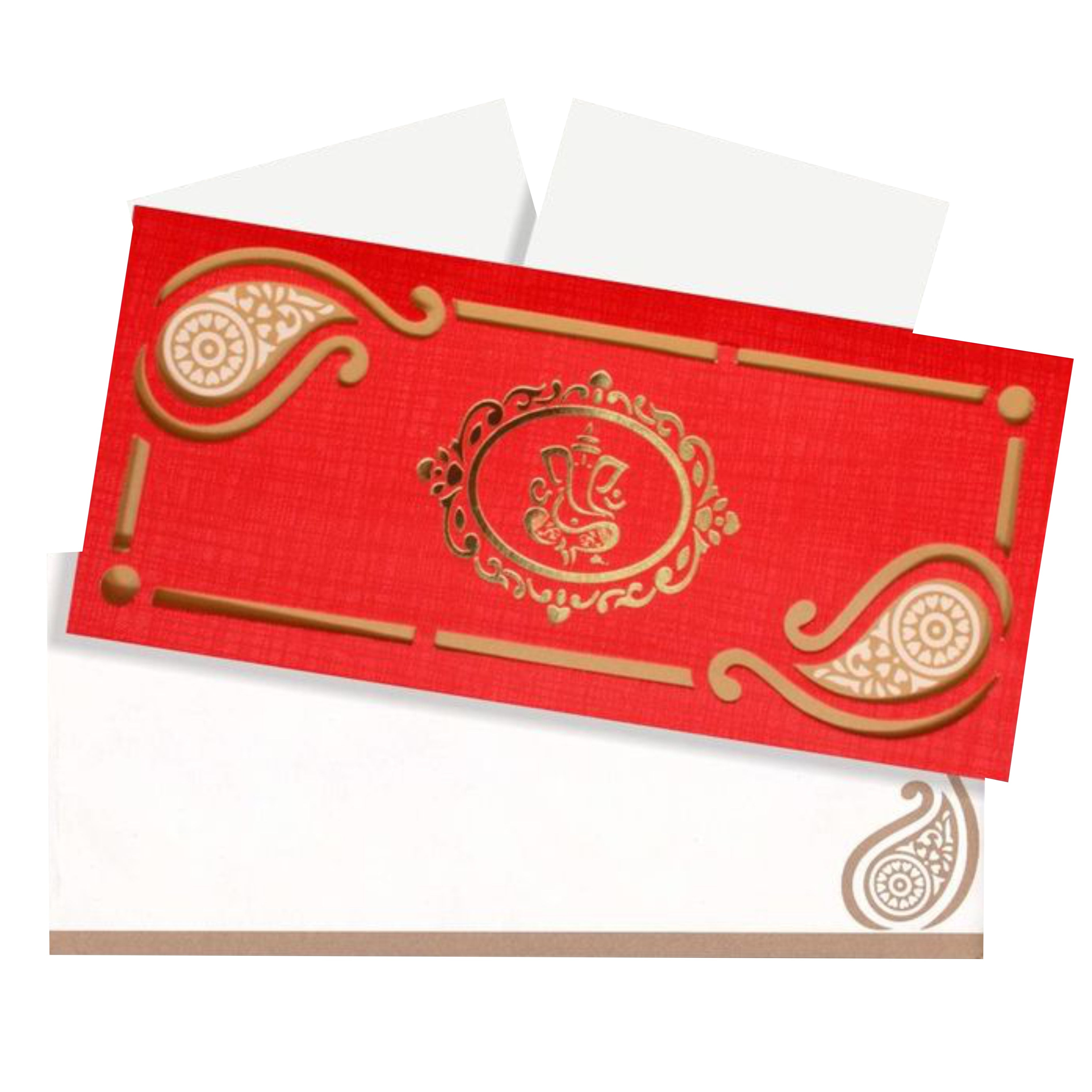 Red personal invitation foiling with floral print at the borders in gold foiling.