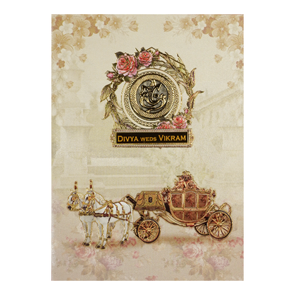 Beige Ganesha Floral Padded Wedding Card-KNPO9535C