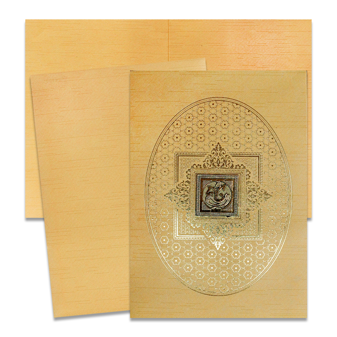 Gold Ganesh Embossed Oval Wedding Card-KNKR042G