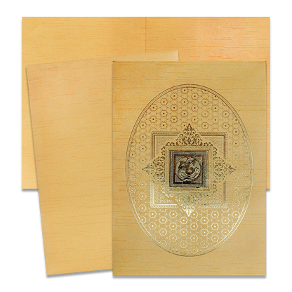 Gold Ganesh Embossed Oval Wedding Card-KNKR042G