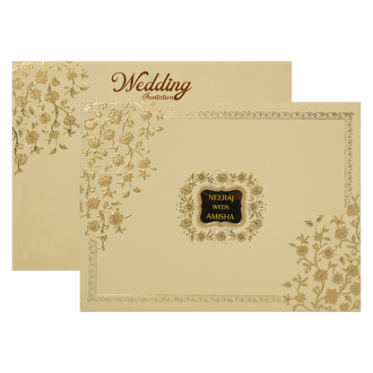 Check out Cream Gold Floral Padded Wedding Card at best price.✅WhatsApp Support ✅Express Delivery.|King of cards.