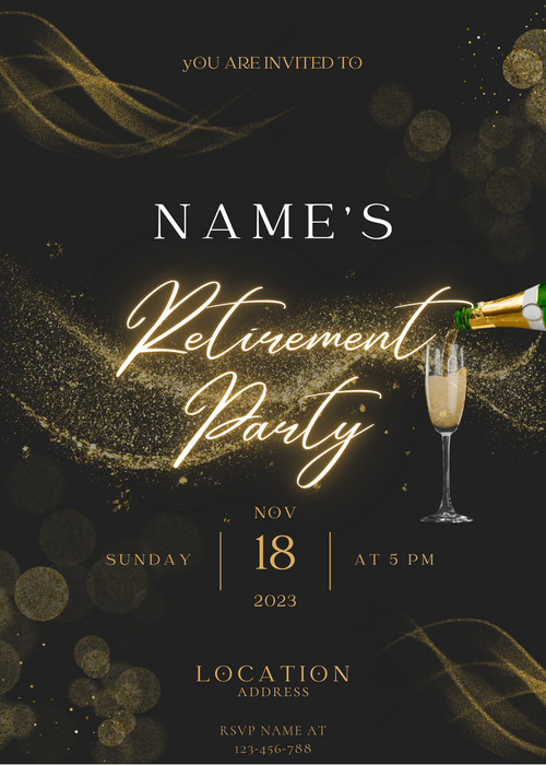 Black &amp; Gold Farewell Retirement Party Invitation-AARTI003