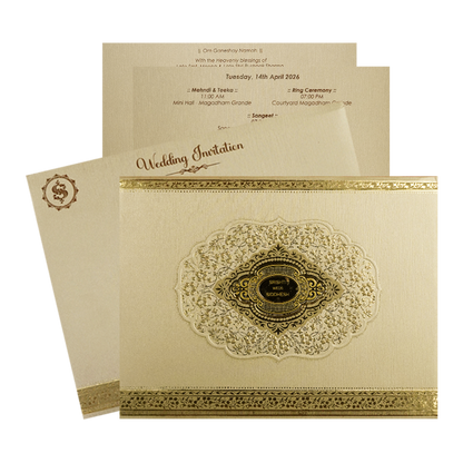 Check out Gold Oval Monogram Padded Wedding Card at best price.✅WhatsApp Support ✅Express Delivery.|King of cards.