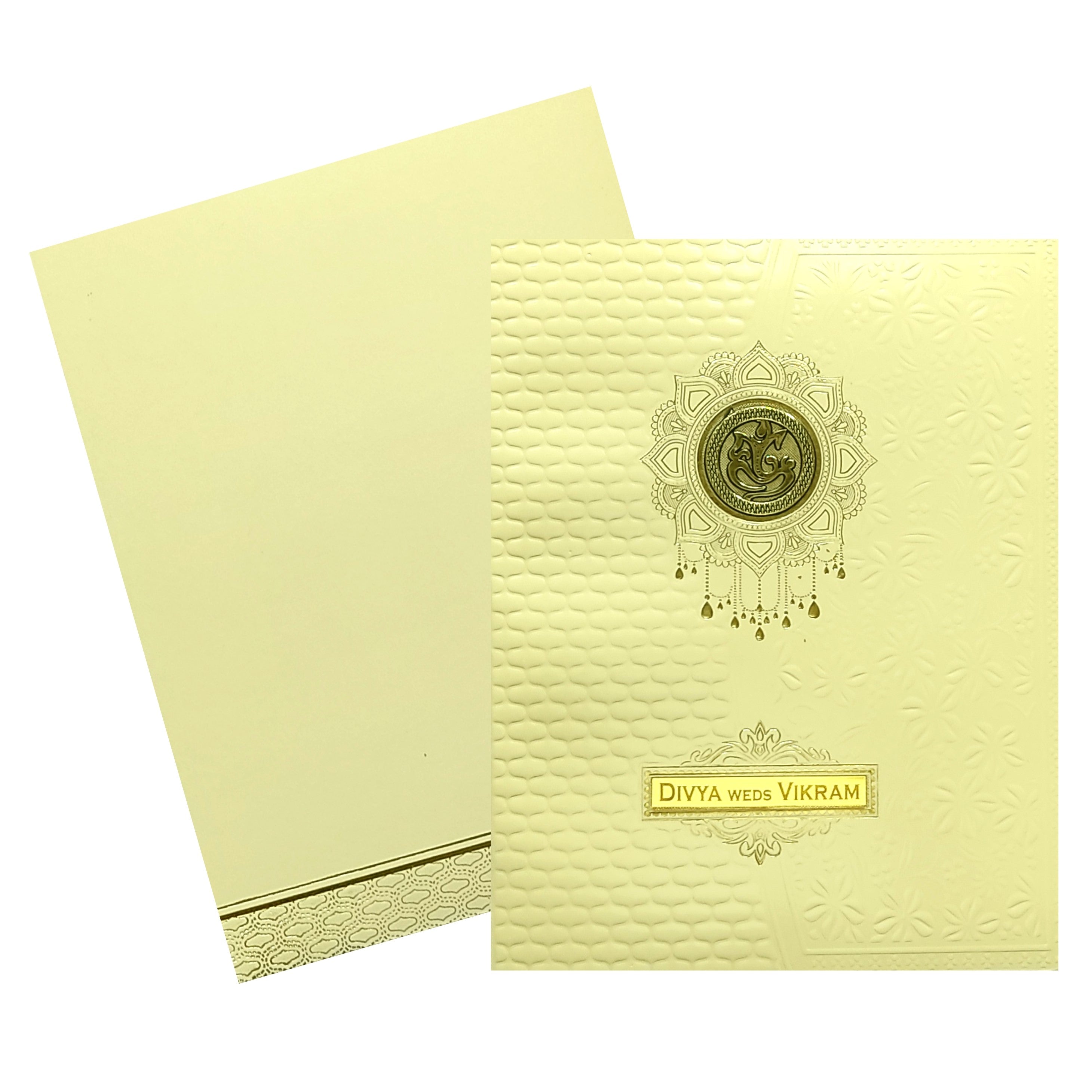 Cream Embossed Ganesha Invitation card-KNK4204C