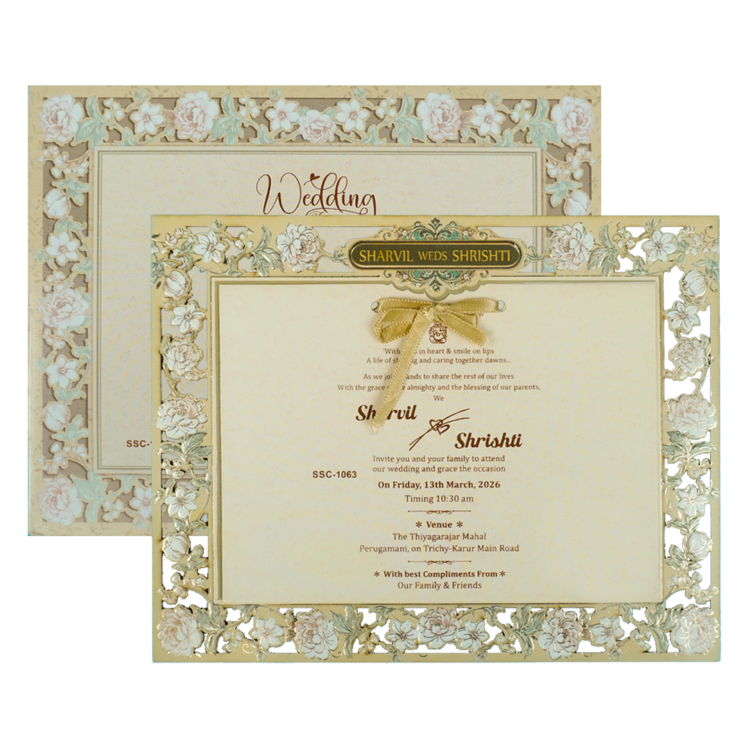 Check out Cream Floral Laser Cut Wedding Card at best price.✅WhatsApp Support ✅Express Delivery.|King of cards.