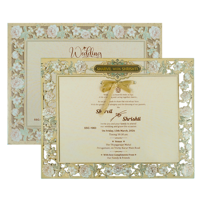 Check out Cream Floral Laser Cut Wedding Card at best price.✅WhatsApp Support ✅Express Delivery.|King of cards.