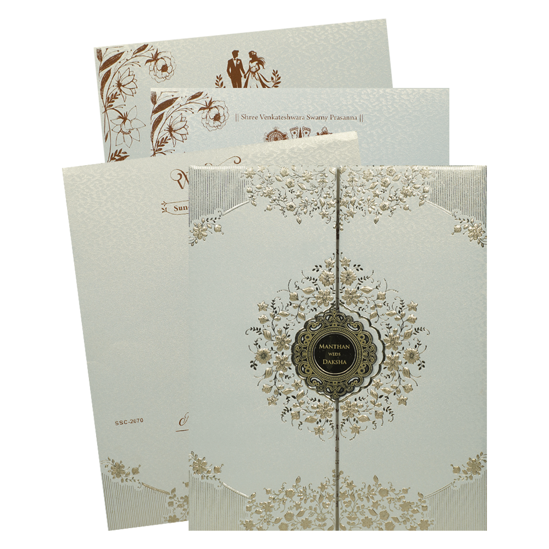 Check out White  Gold Square Floral Padded Wedding Card at best price.✅WhatsApp Support ✅Express Delivery|King of cards.