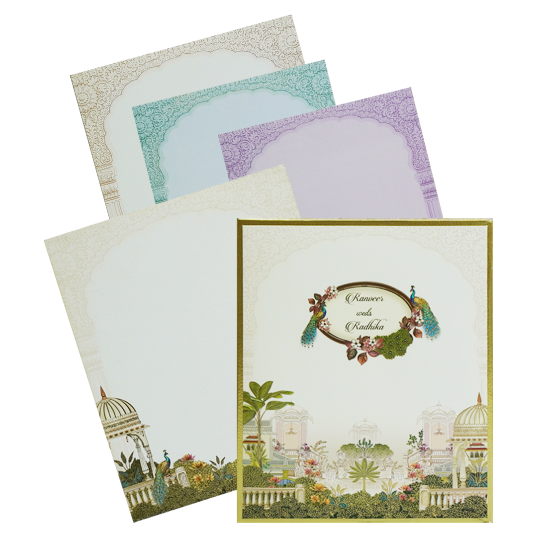 Celebrate in style with customized Cream Mughal Art Padded Invitation Card. Order now! ?WhatsApp Support ?Express Delivery.