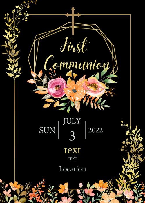 Black Floral Gold Frame Holy Communion Invitation-AAHOI002