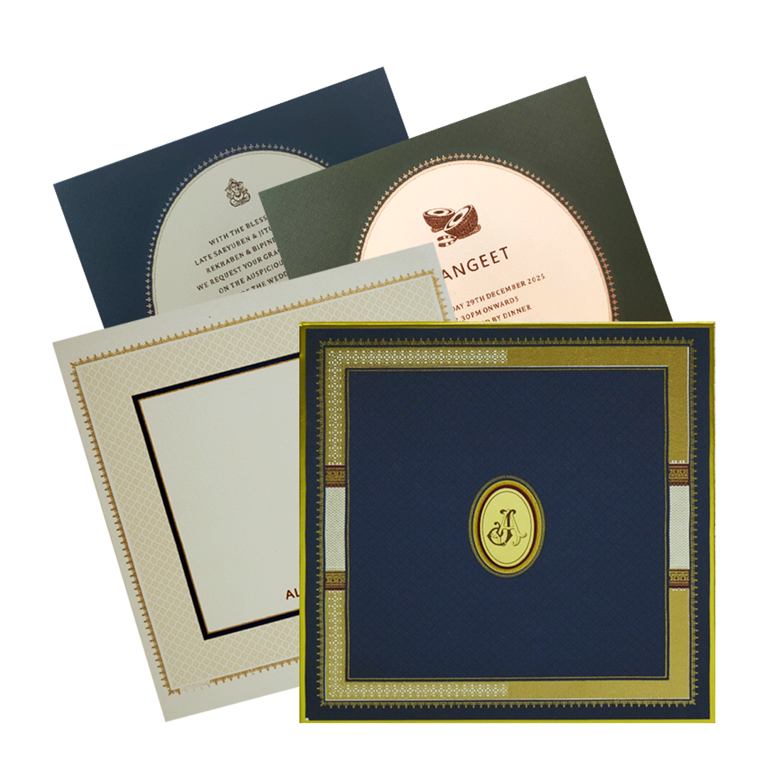 Make your event special with our exclusive Royal Blue Border Wedding Card Order now! ?WhatsApp Support ?Express Delivery