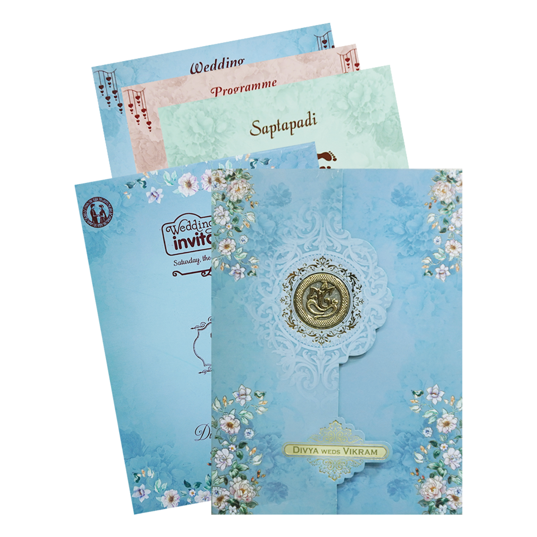 Blue Floral Ganesha Double Door Wedding Card - KNLY6103