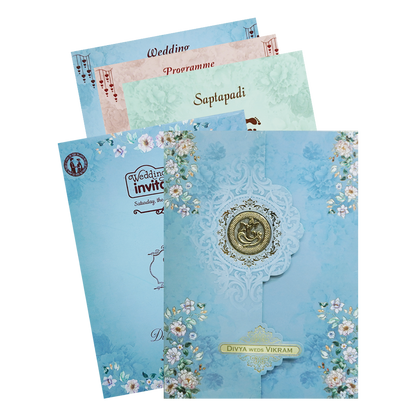 Blue Floral Ganesha Double Door Wedding Card - KNLY6103