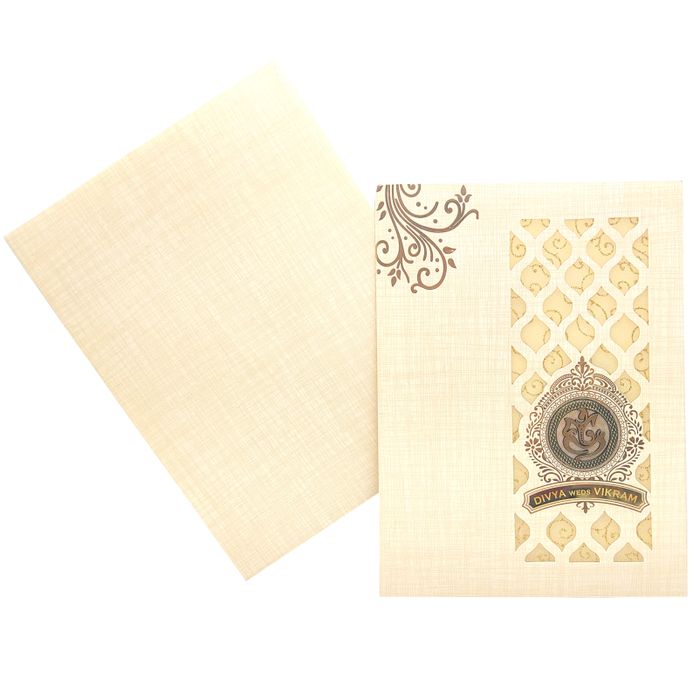 Sandal Metallic Die Cut Design With Name Plate Wedding Card-KNK7030S-King of Cards