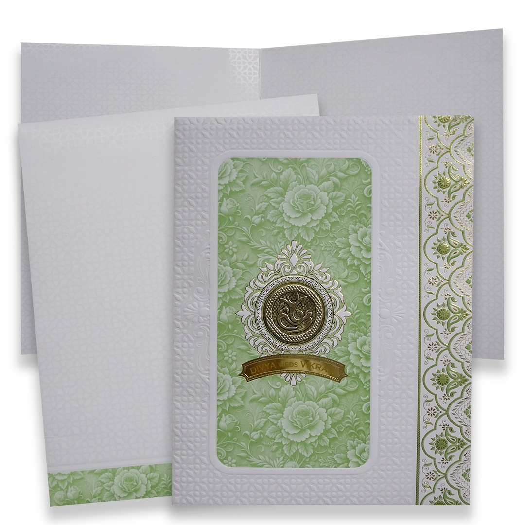 Green White Ganesha Floral Wedding Card - KNJS2087G