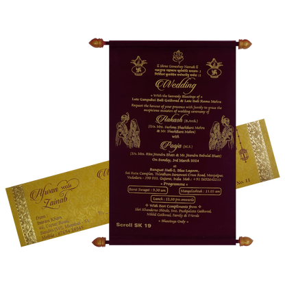 Make your event special with our exclusive Dark Maroon Scroll Invitation Order now! ?WhatsApp Support ?Express Delivery.