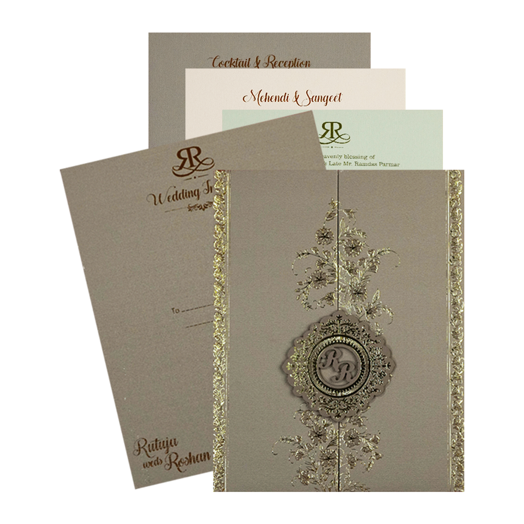 Grey Gold Floral Monogram Padded Wedding Card-KSI64400