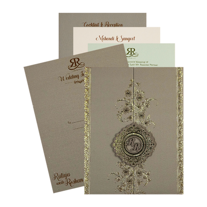 Check out Grey Gold Floral Monogram Padded Wedding Card at best price. ✅WhatsApp Support ✅Express Delivery.|King of cards.