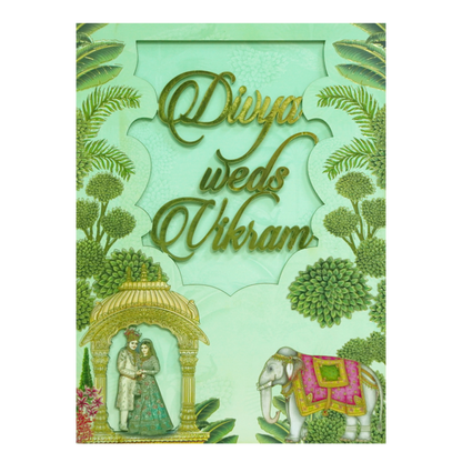 Green Laser-Cut Bride &amp; Groom Wedding Card-KNOR5201