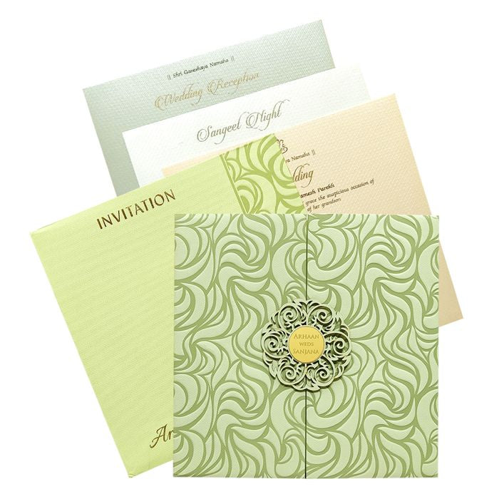 Selling Green embossed padded invitation card online. Buying invitation cards made easy with King of Cards! &amp;