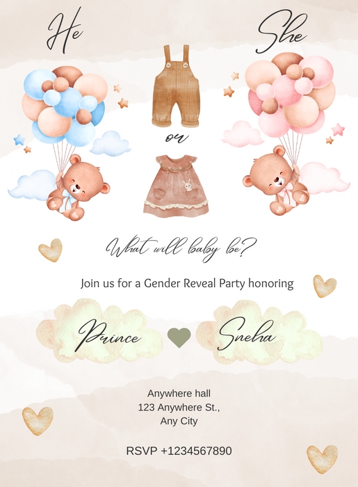 Teddy Bear Gender Reveal Invitation-AAGRI015
