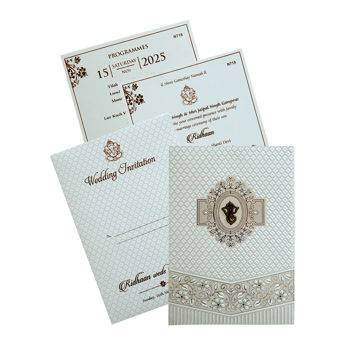 White Quilted Floral Ganesh Wedding Card - KVN07180