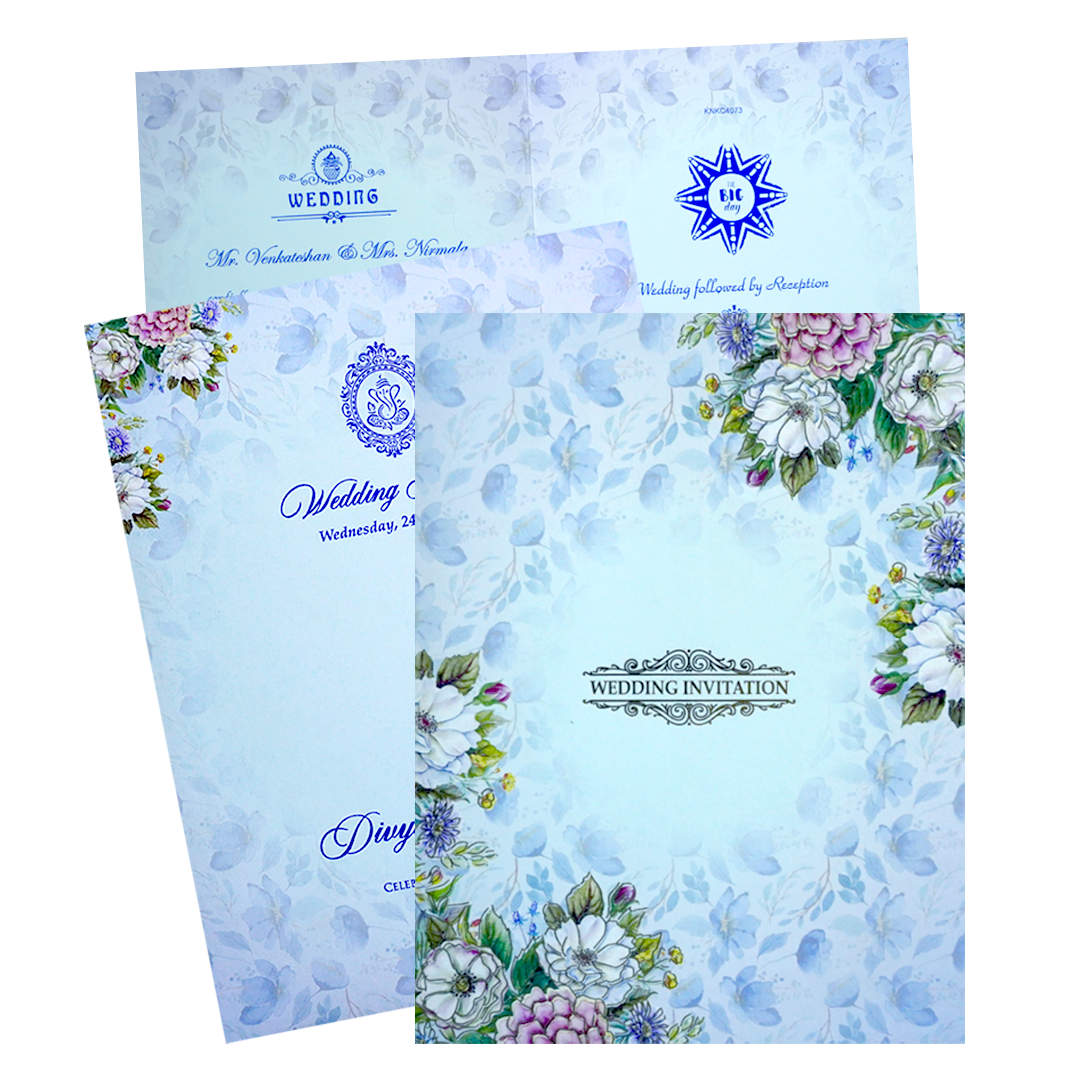 This invitation card has blue floral designs with gold foil printing and it has a folding insert with an envelope.