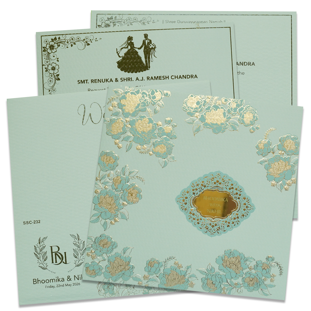 Check out Blue Floral Gold Padded Wedding Card at best price.✅WhatsApp Support ✅Express Delivery.|King of cards.