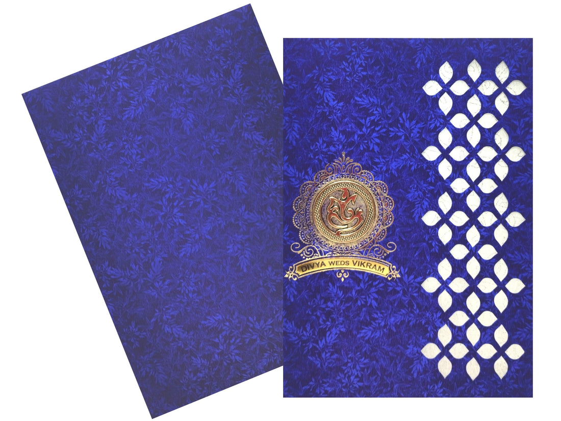 Blue Metallic Die Cut With White Wolly Wedding Card-KNCM33BM