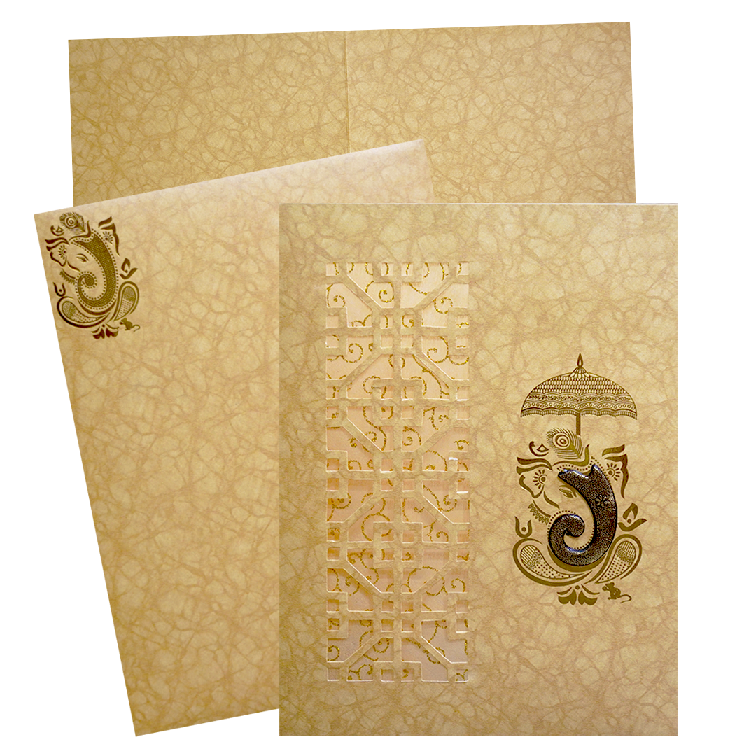 Golden Ganesha Laser-cut Wedding Card geaturing a ganesha gold foiling design, laser-cut pattern and wolly sheet. It also includes 2 inserts and an envelope. Shop now! ?WhatsApp Support ?Express Delivery.