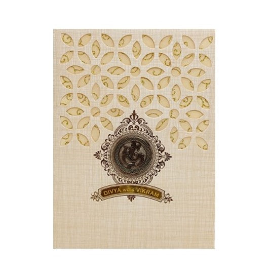 Sandal Metallic Laser Cut Wedding Card In Gold Wolly-KNK7034S