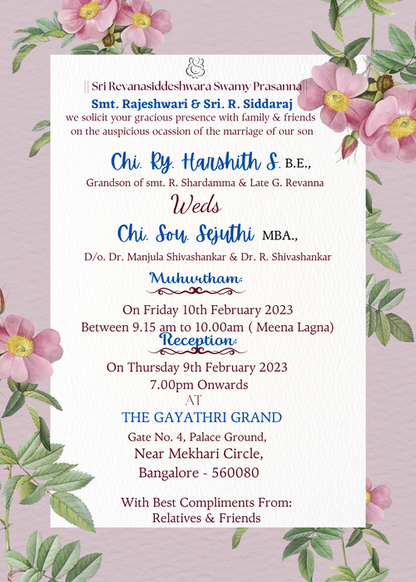 Dark Pink Flower Purple Theme Wedding Invitation-EINK0024