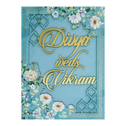 Blue Gold Laser-Cut Floral Wedding Card - KNOR5202