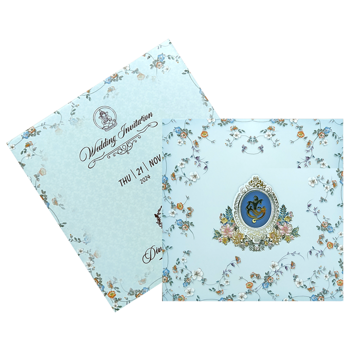 Blue Floral Bride Groom Slide Wedding Card-KNRDC01B