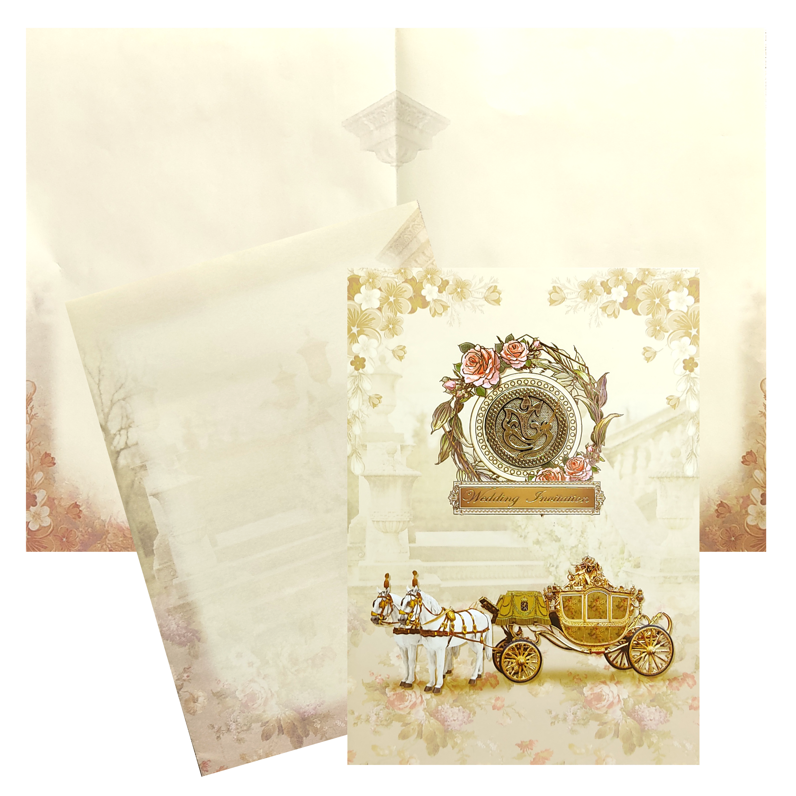 This invitation card has brown floral envelope with one folding insert and ganesha sticker. The card is made with paper sheet.