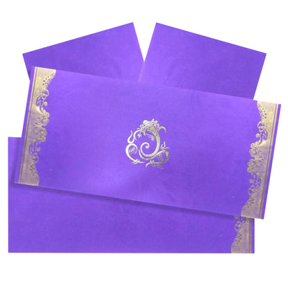 This wedding card is a horizontal sort card. This card is in sparkling violet color. This card has gold foiling borders. As a standard offering, this card has a cover and a long insert.