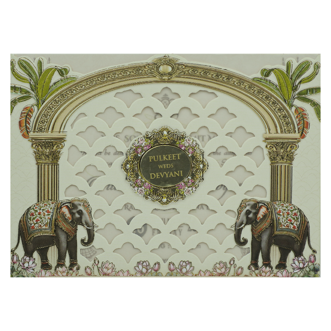 Cream Elephant Laser Cut Wedding Card-KJTS1812