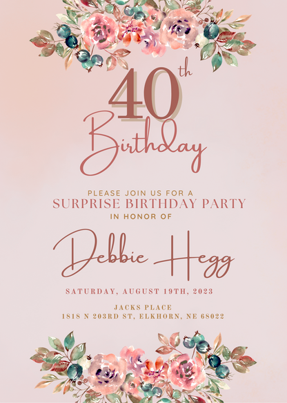 Pink Floral Surprise Birthday Invitation-AASBI001