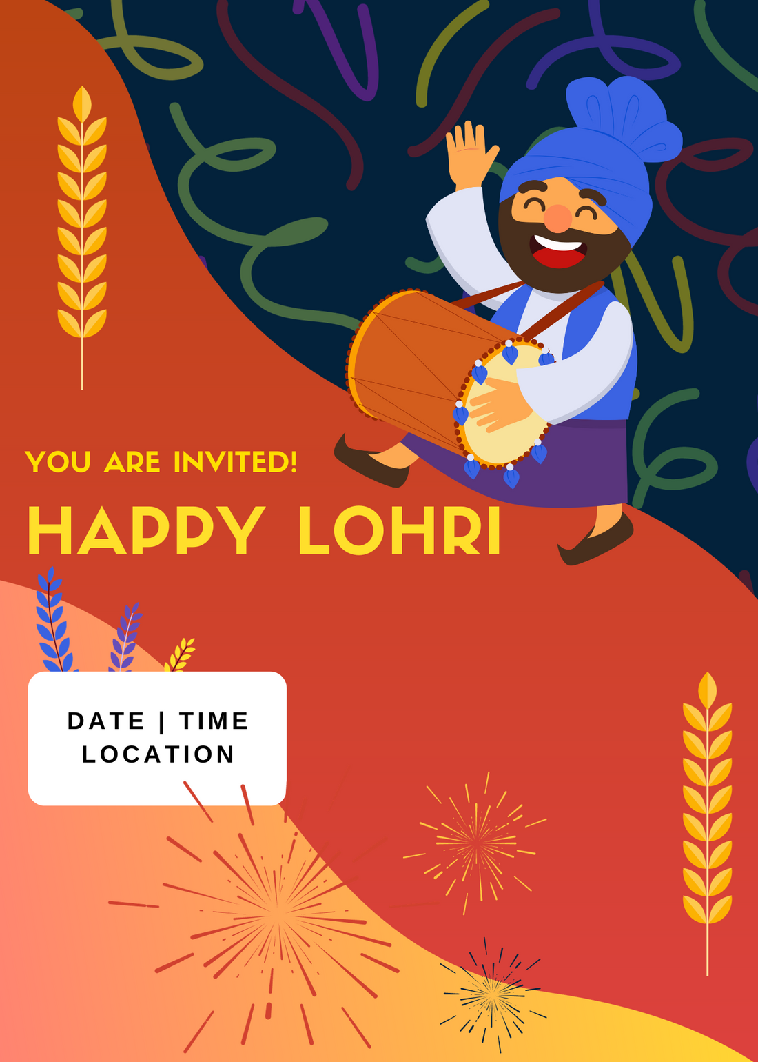 Orange Dhol Design Lohri Celebration Invitation-AALCI004