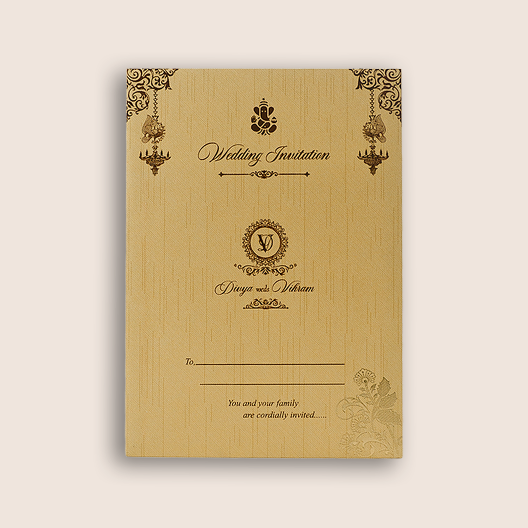 Gold Ganesha Door Style Wedding Card - KNKR041G