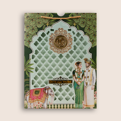 Green Bride Groom Laser Cut Bag Style Wedding Card - KNAS3107