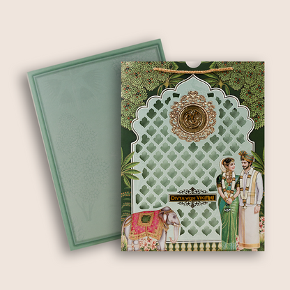 Green Bride Groom Laser Cut Bag Style Wedding Card - KNAS3107